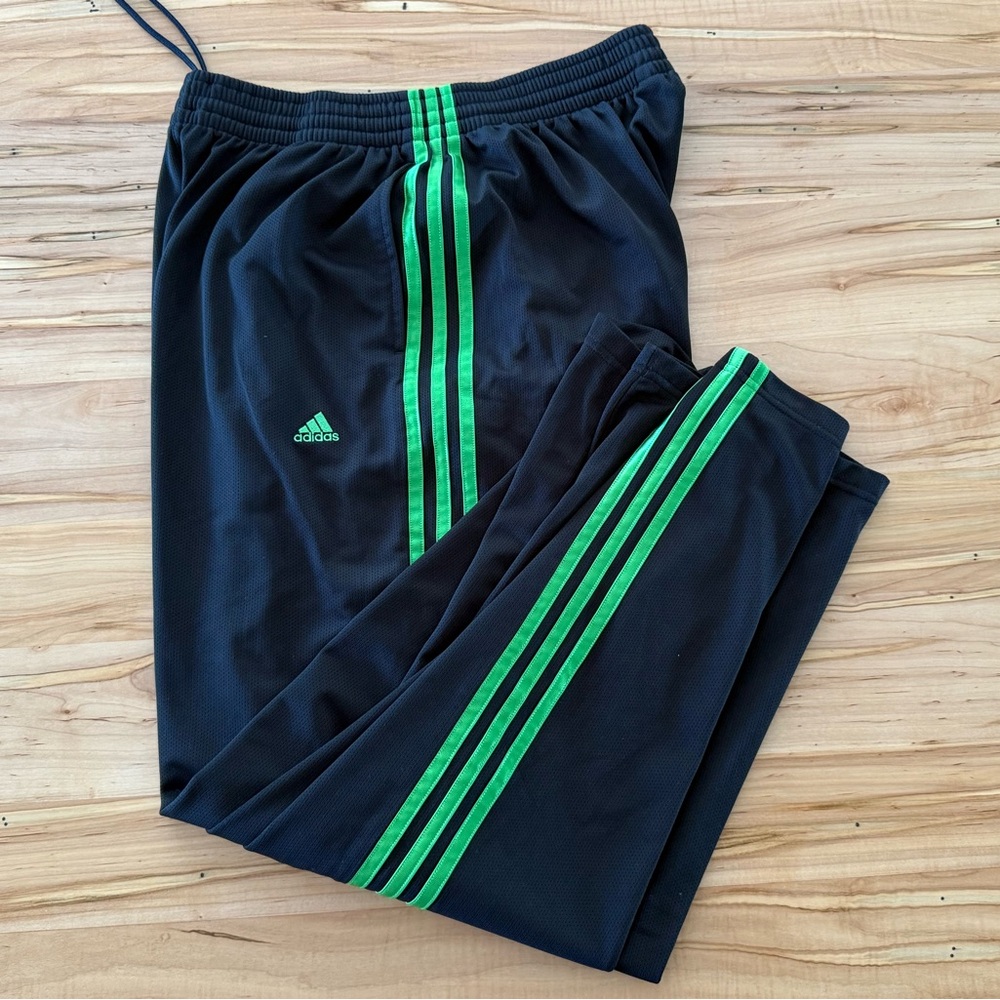 Adidas Men’s Black Track Pants with Green Stripes - Size XL